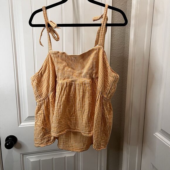 Old Navy Checker Tie-Shoulder Blouse Size XXL Gold Smocked Gingham Cami Swing - Picture 5 of 9